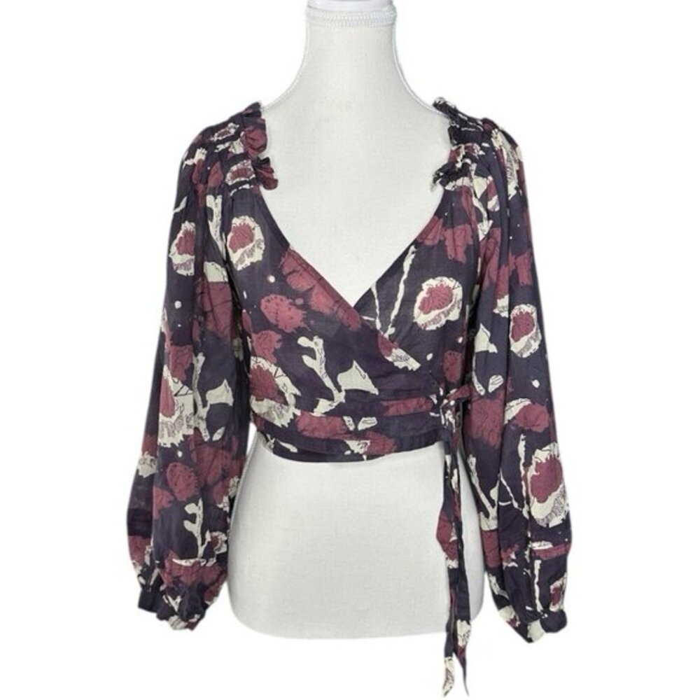 Cleobella Women Plum Floral Woodblock Print Wrap Crop Top‎ Smocked Back Small